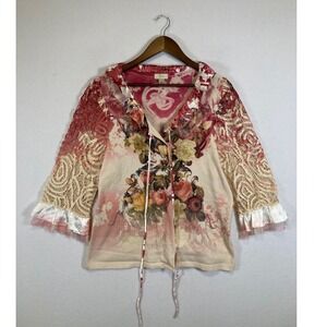 Yvos Floral Lace Ruffle Top Women 18/20 Pink Cream Rhinestone Tie Neck Unique